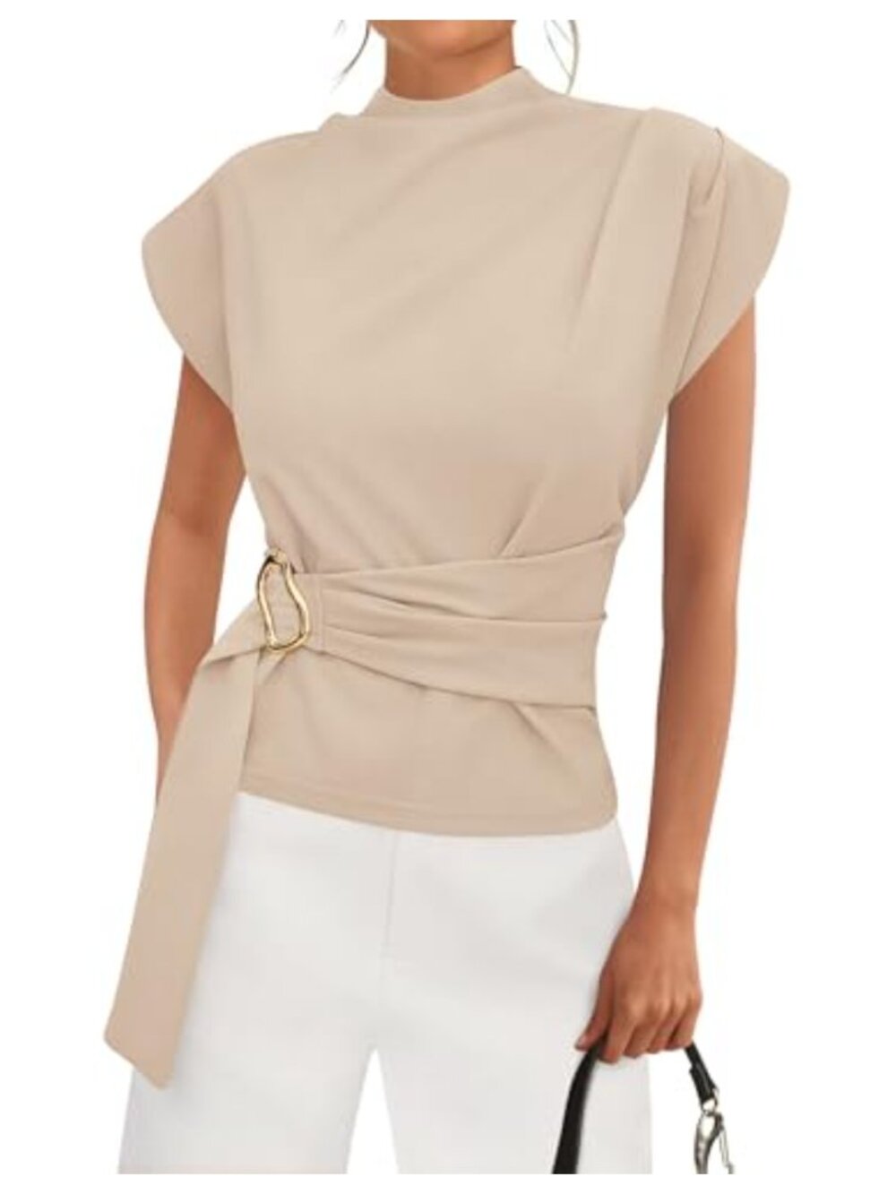 Womens Cotton Blend Mock Neck Cap Sleeve Tunic Blouse Business Casual
